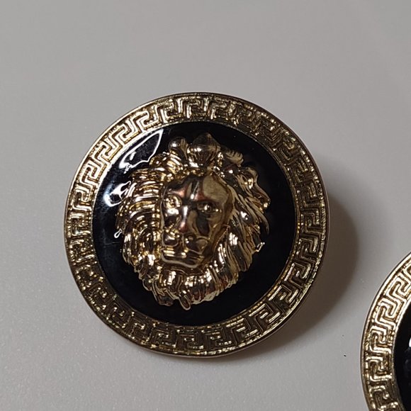 Gold Tone And Black Round Lions Head Earrings - Picture 4 of 11